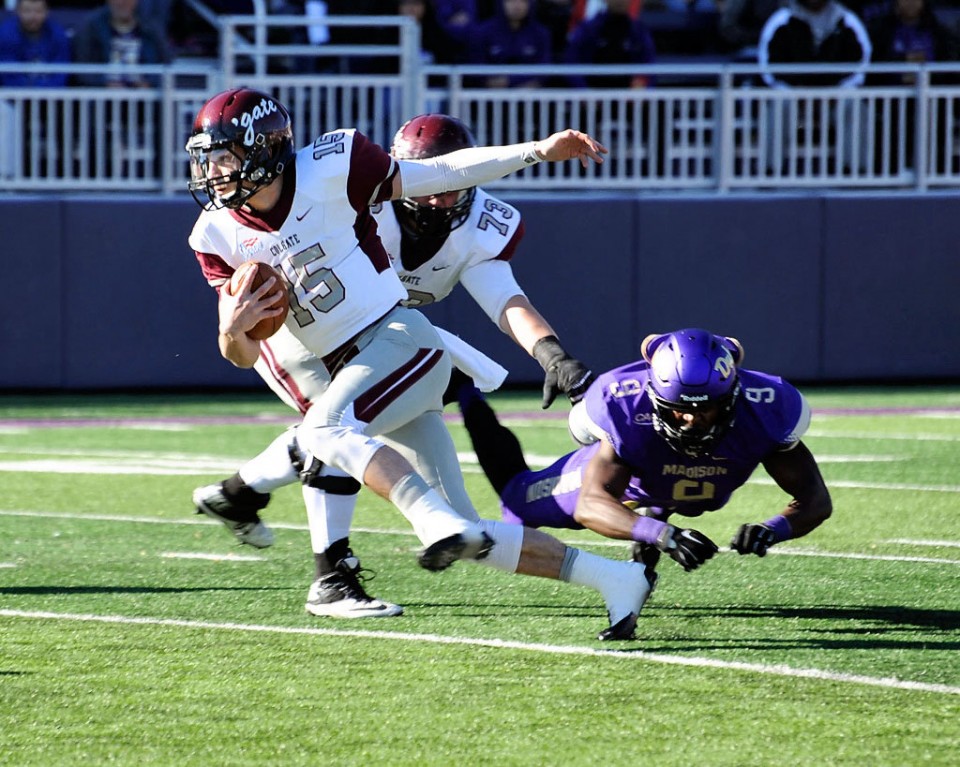 Colgate quarterback Jake Melville carries the ball during an FCS playoff game against James Madison on Saturday at Harrisonburg, Va. Colgate won 44-38. (Courtesy of Colgate)