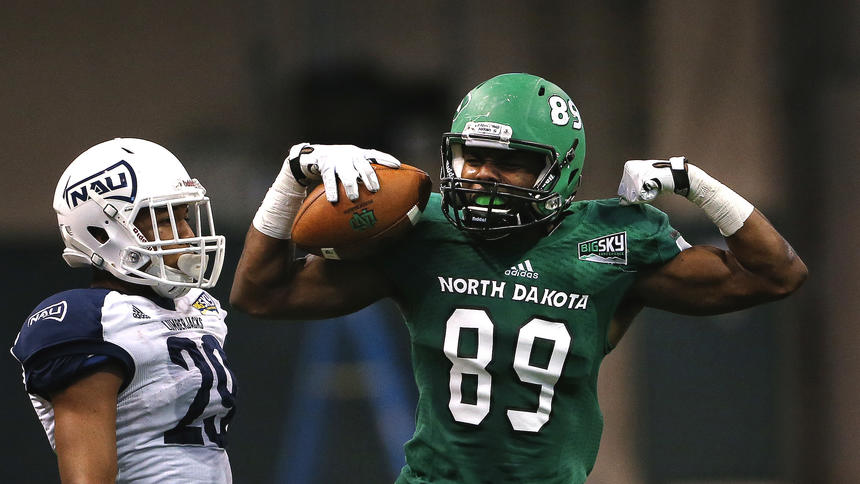 University of North Dakota wide receiver Demun Mercer (89) celebrates after completing a pass for a University of North Dakota first down in the fourth quarter of Saturday's game against Northern Arizona University at the Alerus Center in Grand Forks, N.D. (Jesse Trelstad/Grand Forks Herald)