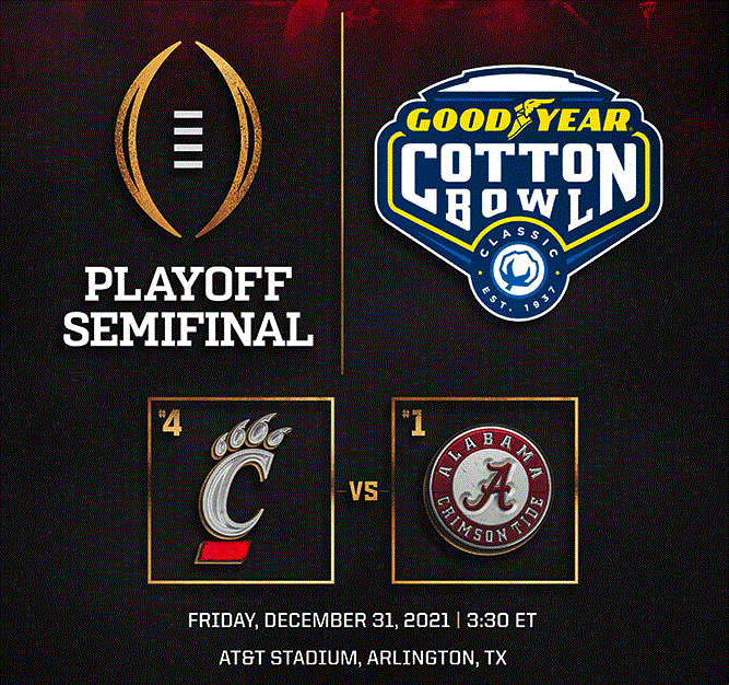 CSJ 2021 Goodyear Cotton Bowl (College Football Playoff Semifinal) Preview: #4 Cincinnati vs. #1 Alabama